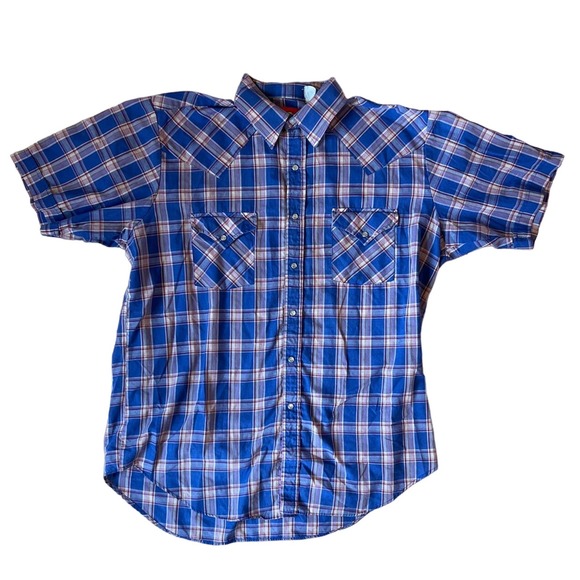 Mens Ely‎ Plains Plaid Short Sleeved Pear Snap Button Down SZ L - Picture 1 of 5